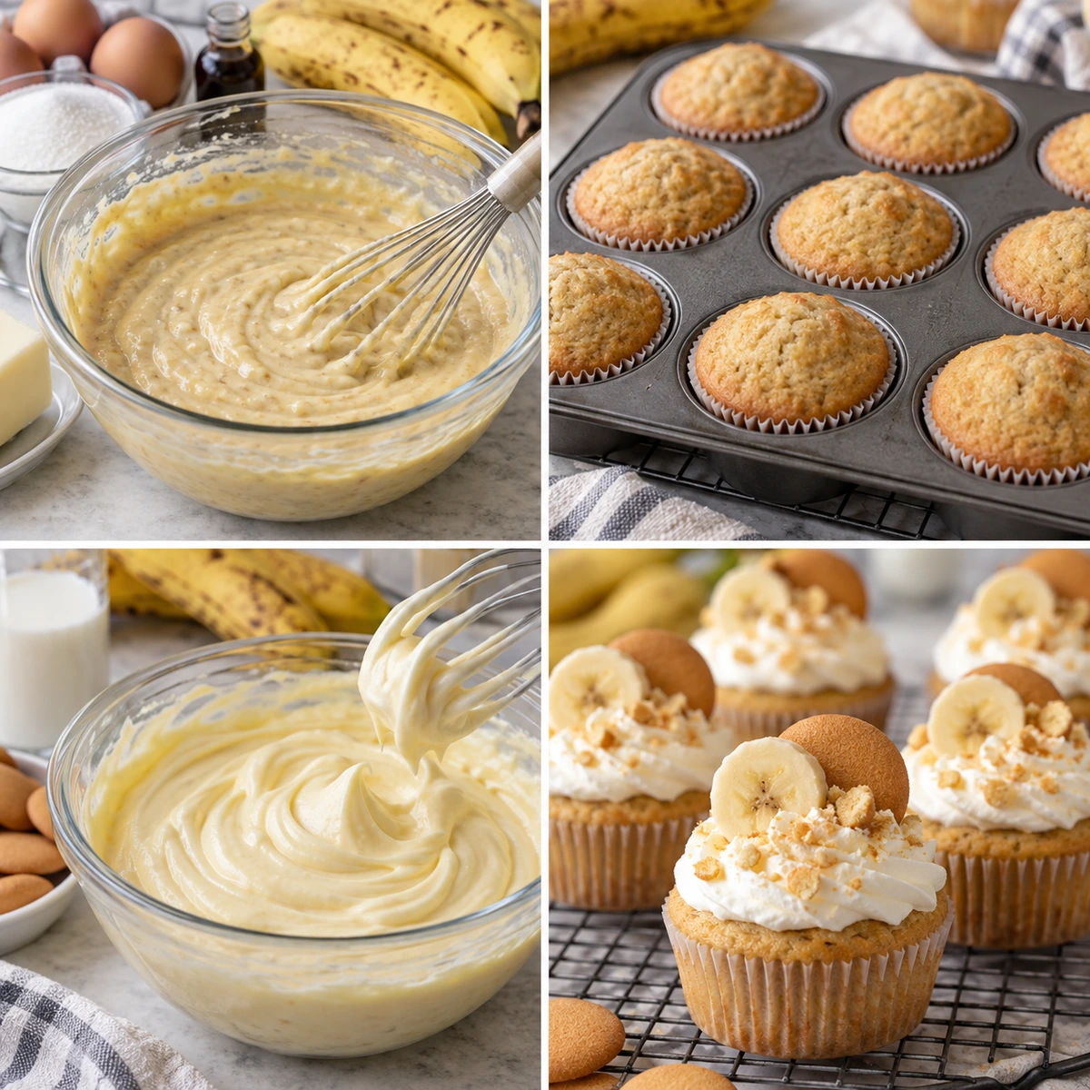 Four chronological preparation stages for Banana Pudding Cupcakes