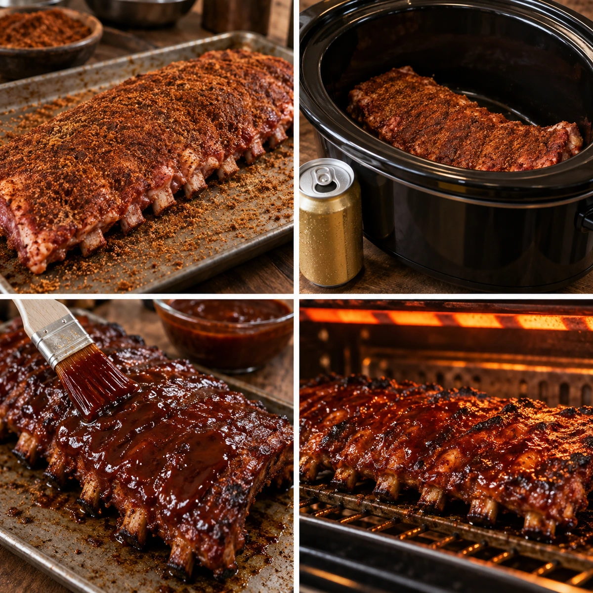 Four chronological preparation stages for BBQ Rib Recipe