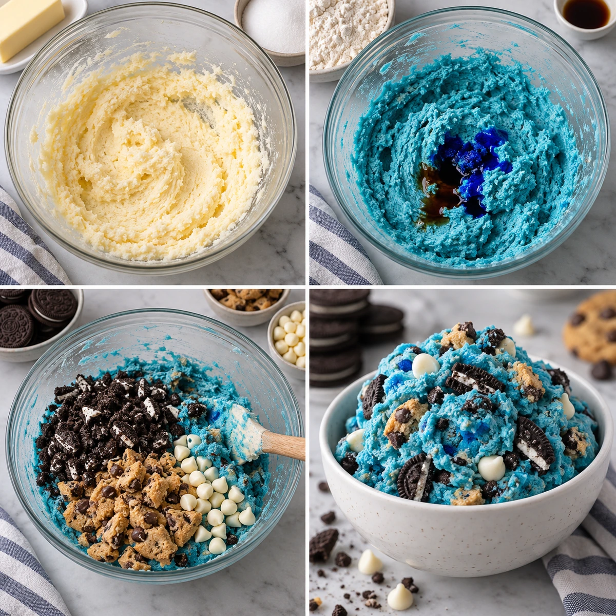 Four chronological preparation stages for Cookie Monster Edible Cookie Dough