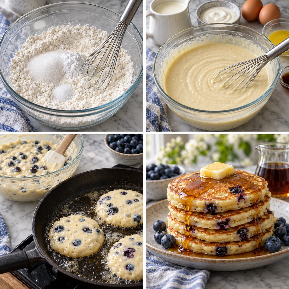 Four chronological preparation stages for Easy Blueberry Pancake