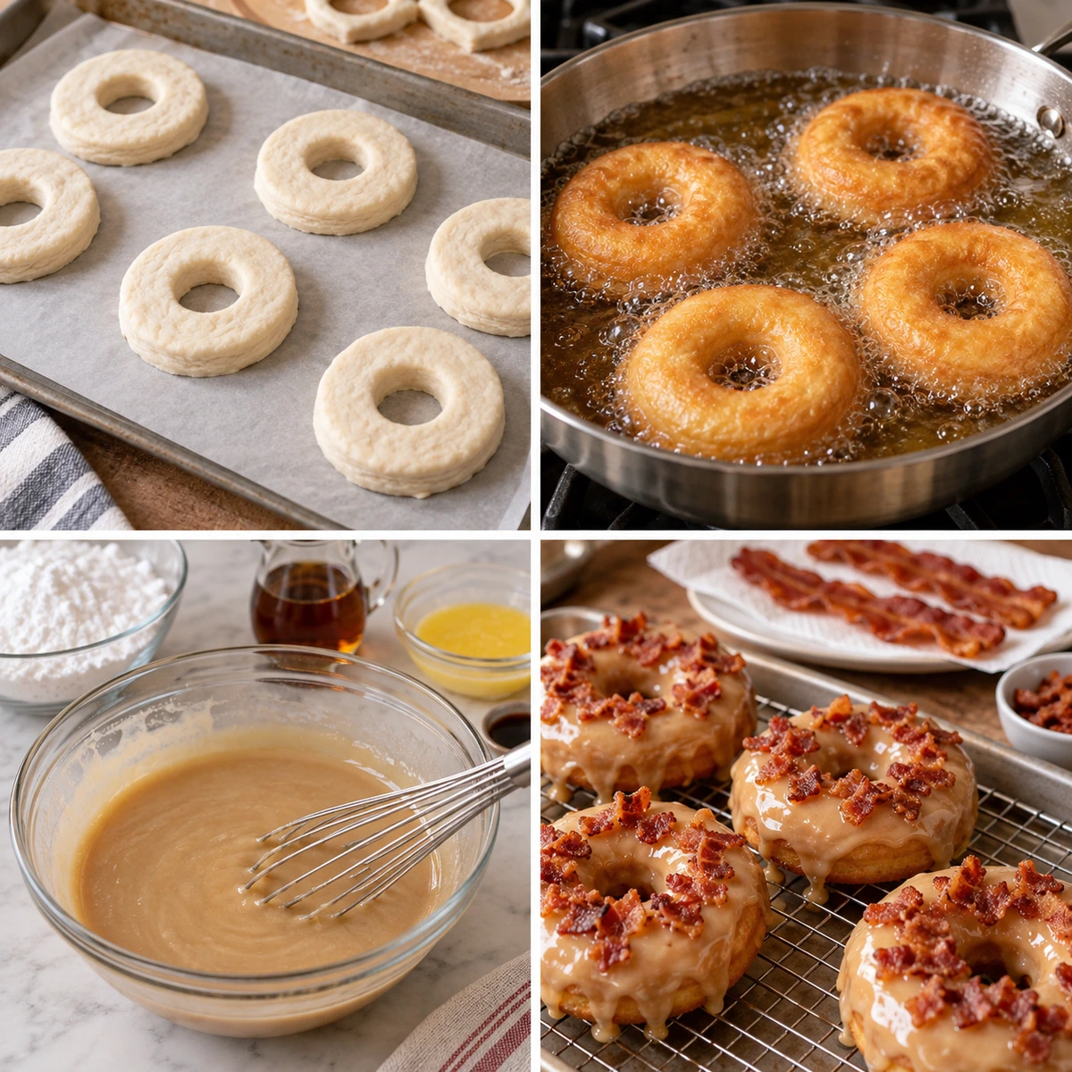 Four chronological preparation stages for Maple Bacon Doughnuts