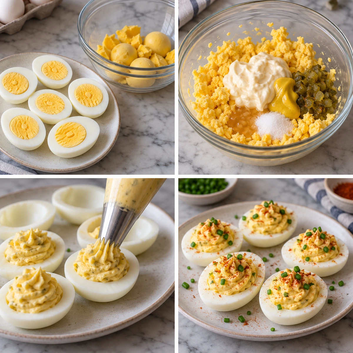 Four chronological preparation stages for Deviled Eggs