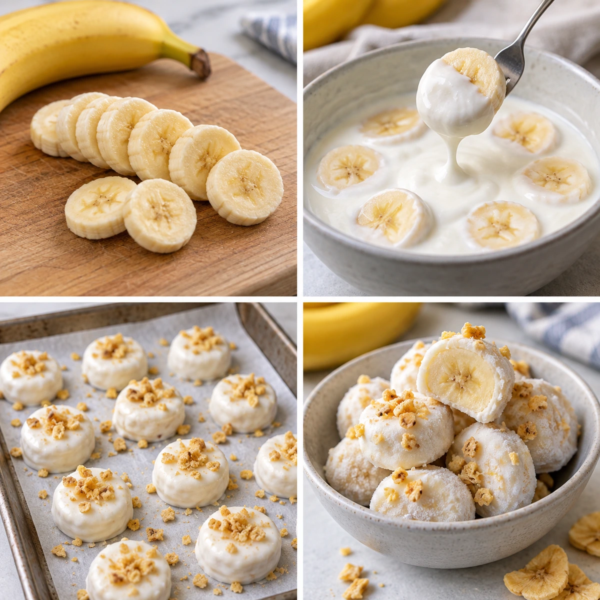 Four chronological preparation stages for Frozen Banana Yogurt Bites
