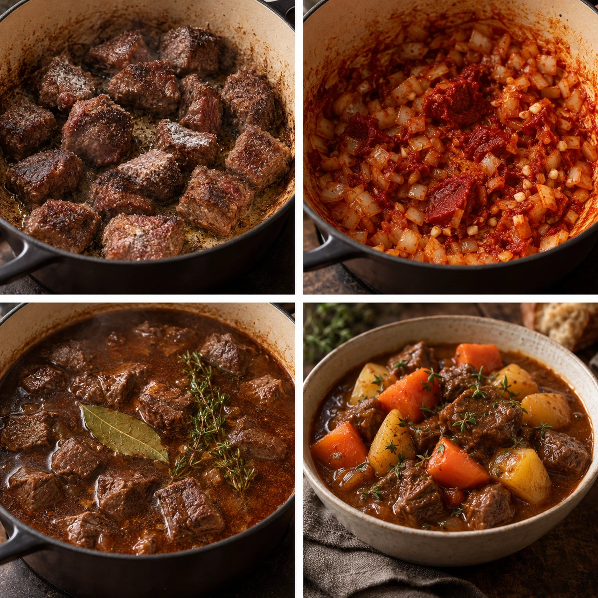 Four chronological preparation stages for Easy Homemade Beef Stew