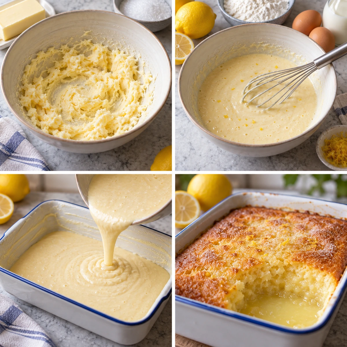Four chronological preparation stages for Jamie Oliver Self Saucing Lemon Pudding
