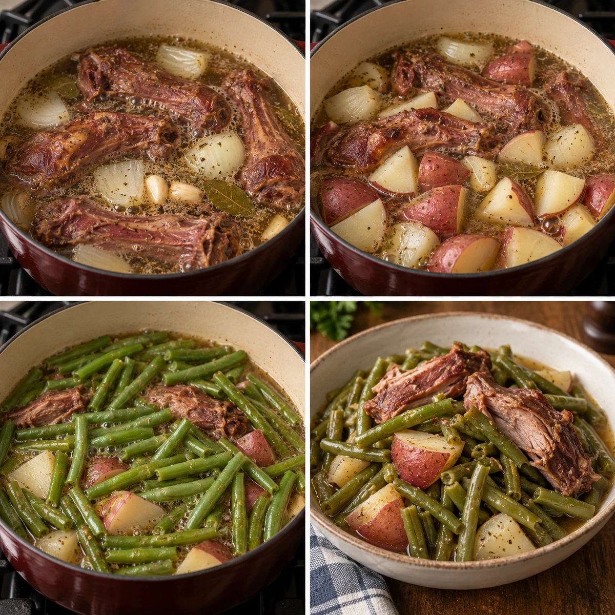 Four chronological preparation stages for Southern Green Beans