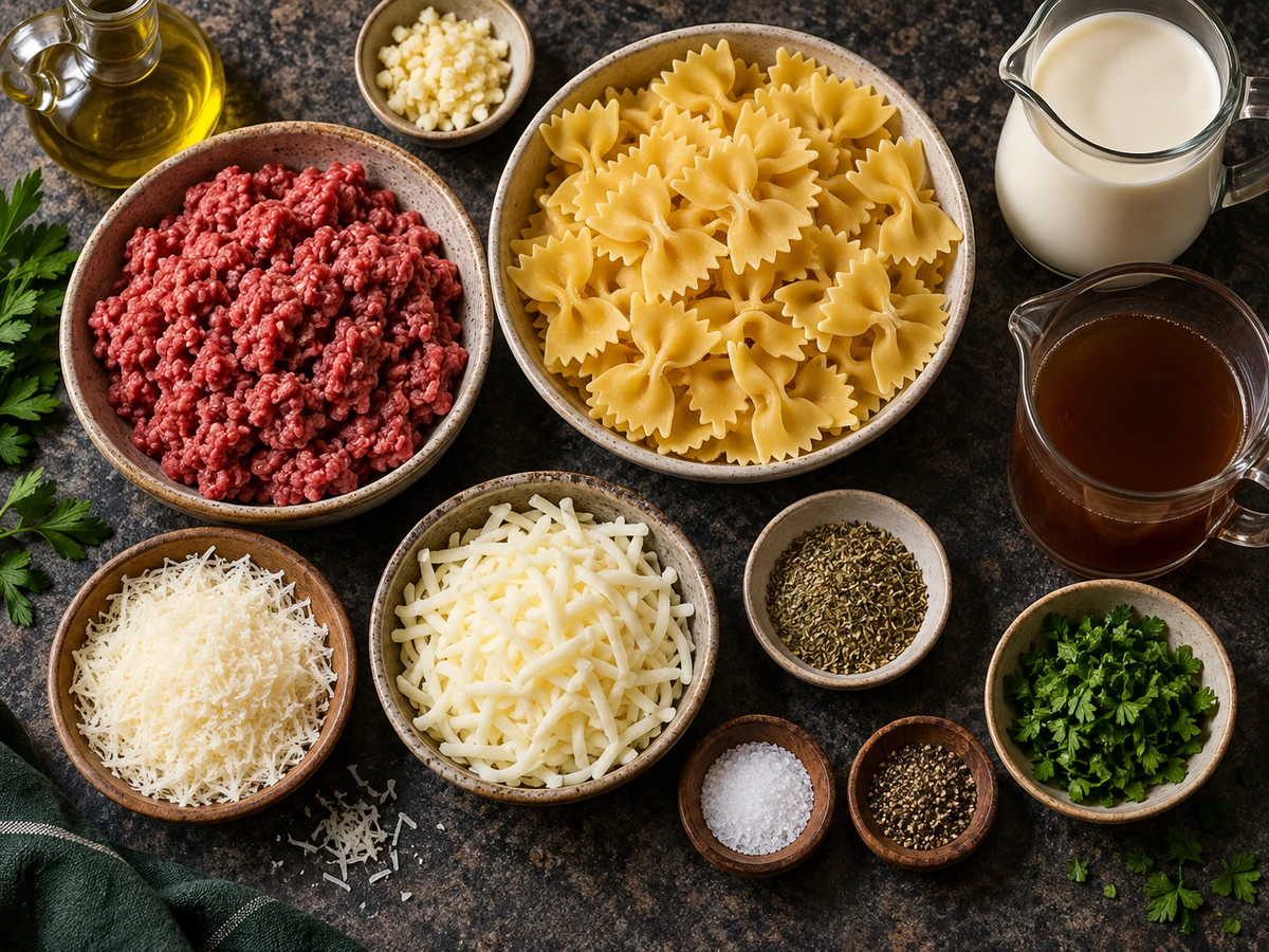 Exact measured ingredients for Beef Bowtie Pasta with Alfredo Sauce