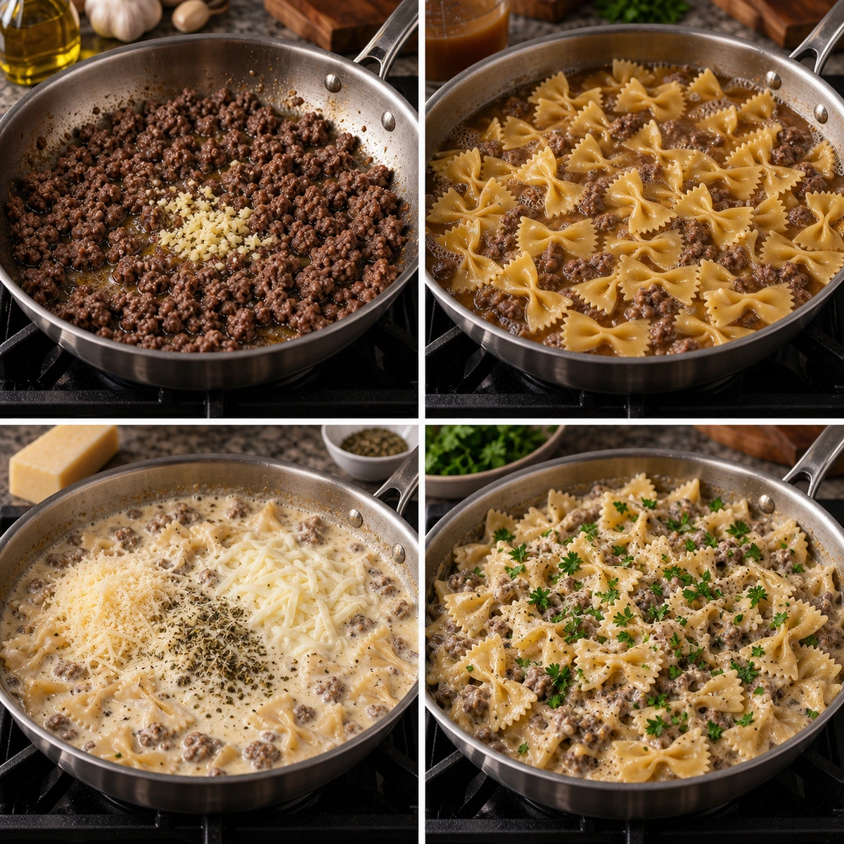 Four chronological preparation stages for Beef Bowtie Pasta with Alfredo Sauce