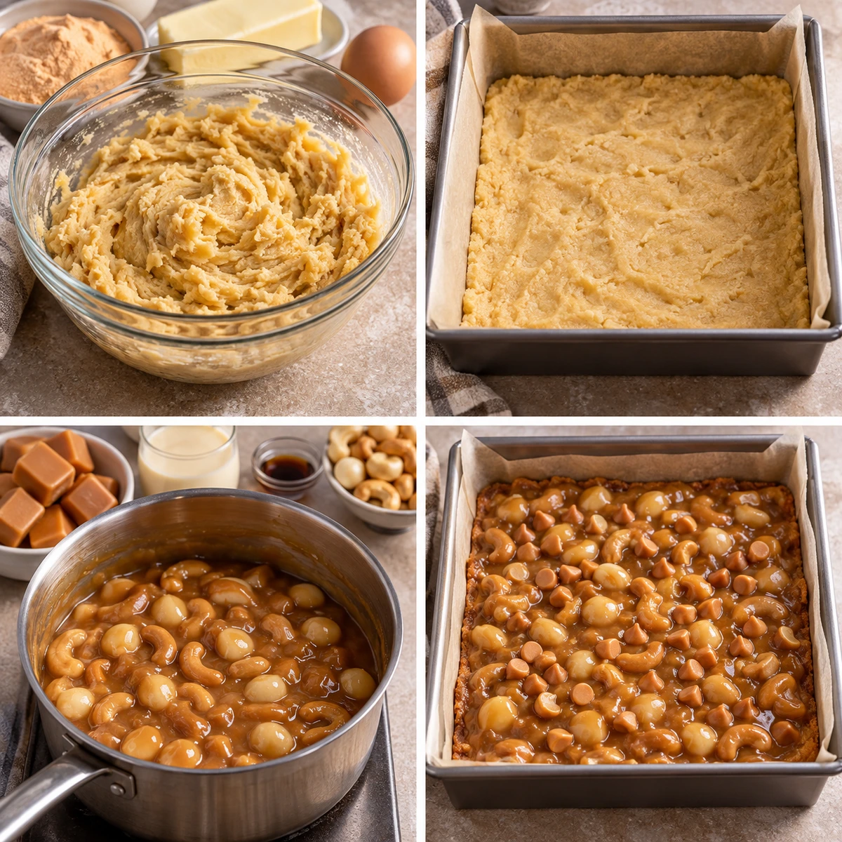 Four chronological preparation stages for Gooey Butterscotch Nut Bars