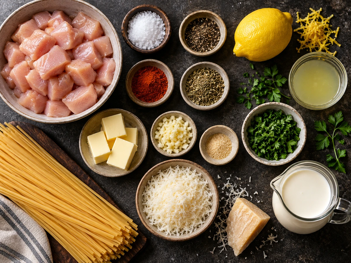 Exact measured ingredients for Lemon Garlic Butter Chicken Parmesan Linguine