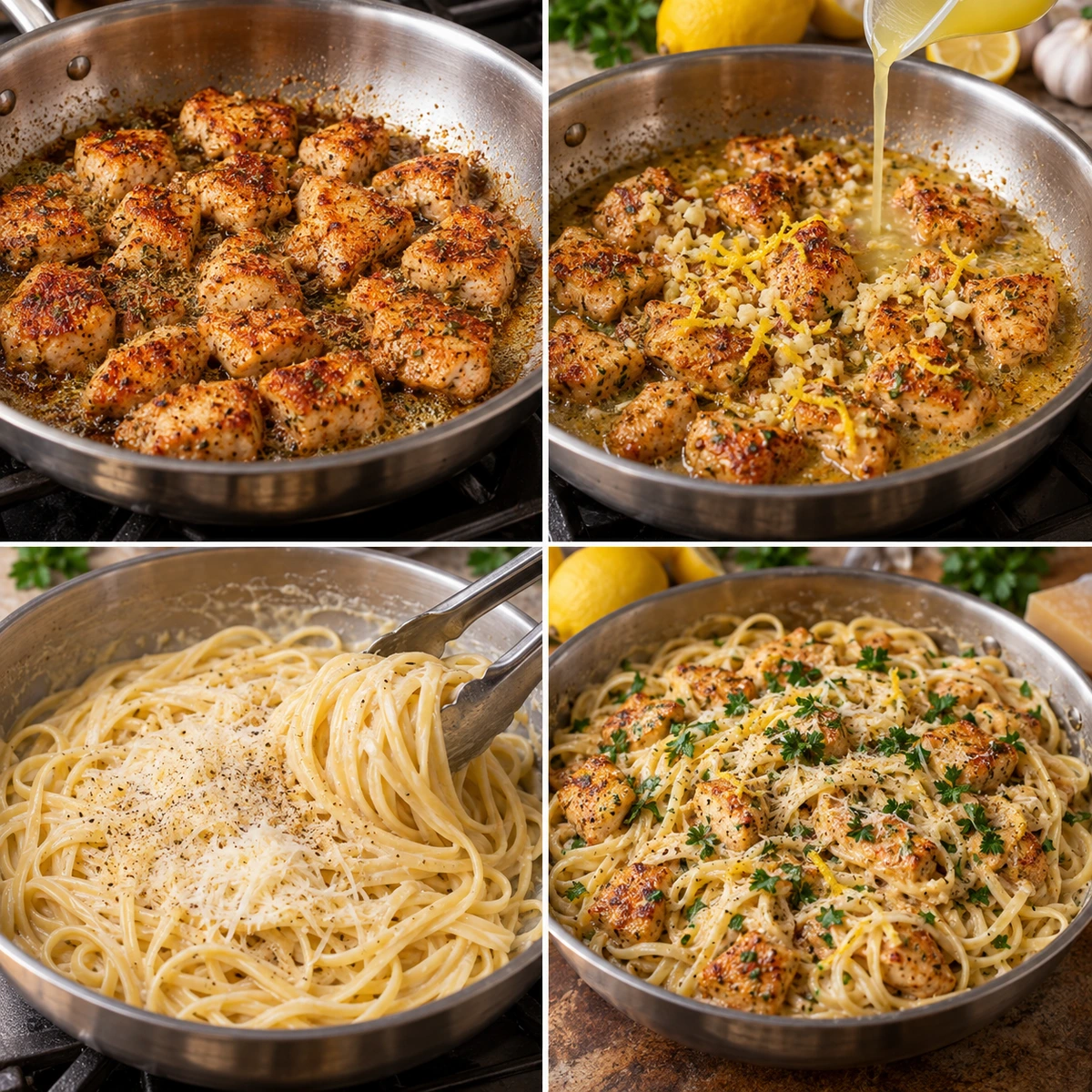 Four chronological preparation stages for Lemon Garlic Butter Chicken Parmesan Linguine