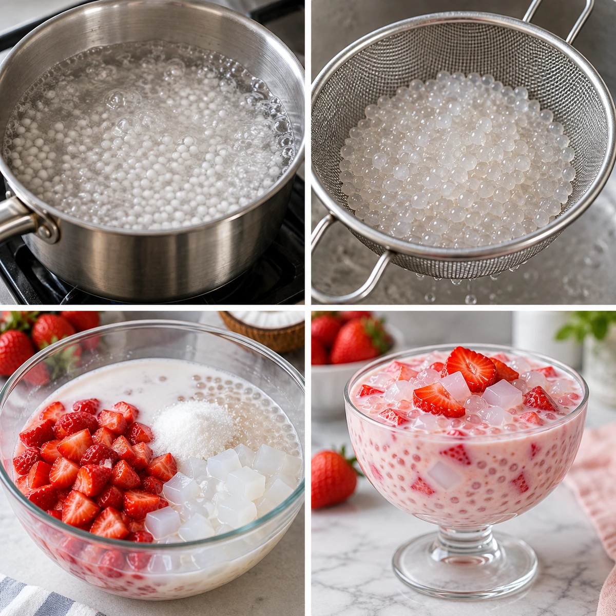 Four chronological preparation stages for Strawberry Sago