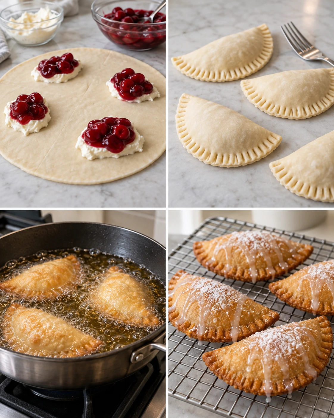 Four chronological preparation stages for Cherry Cheesecake Hand Pies
