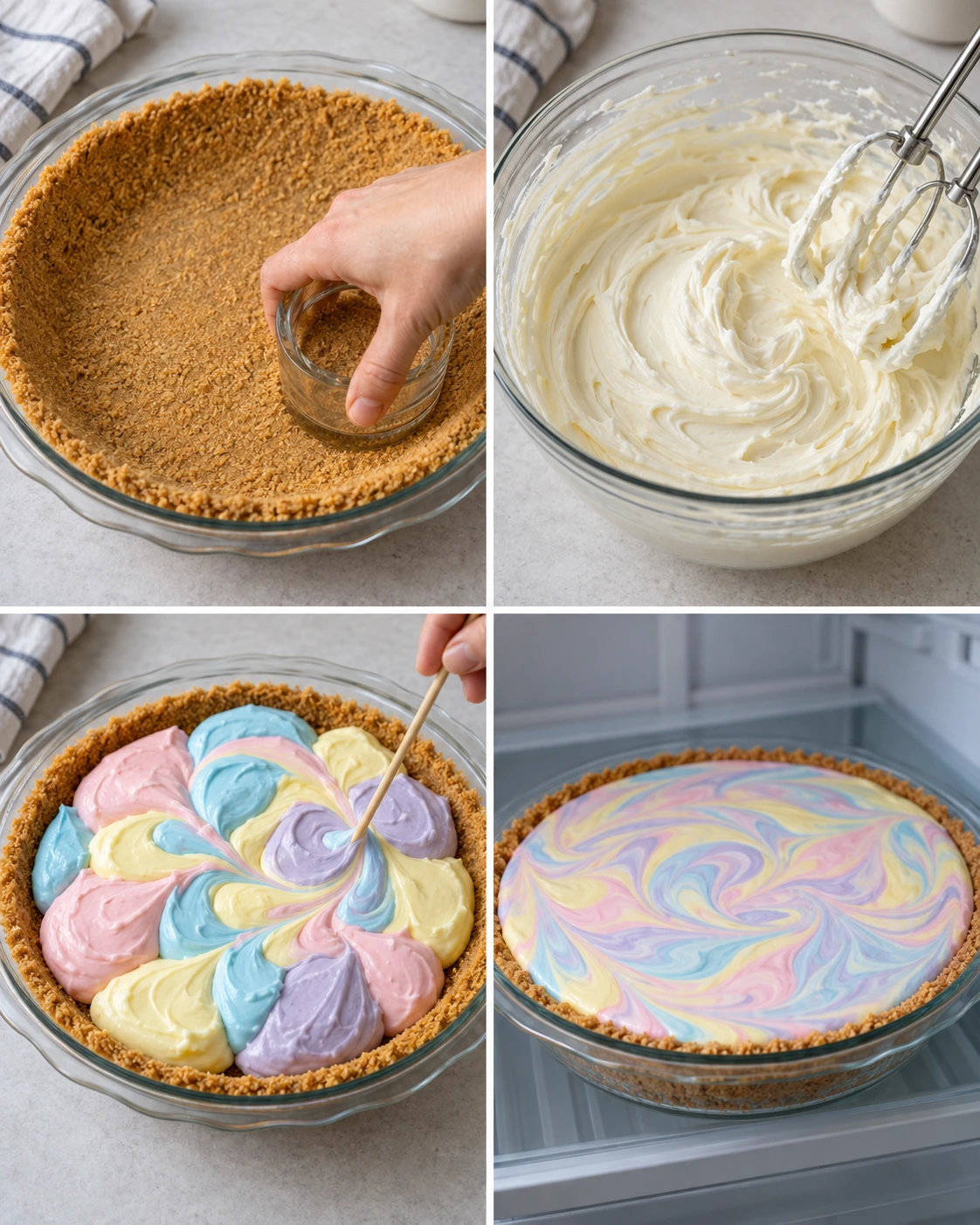 Four chronological preparation stages for Easter Swirl Pie Recipe