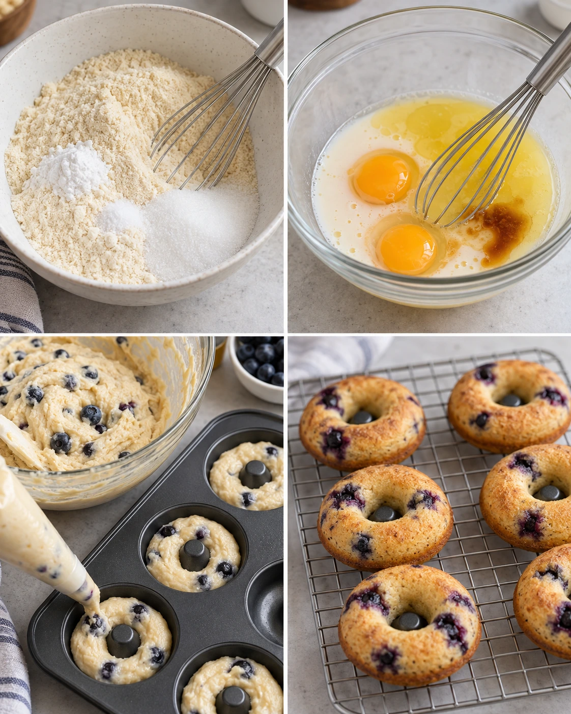 Four chronological preparation stages for Keto Blueberry Donuts