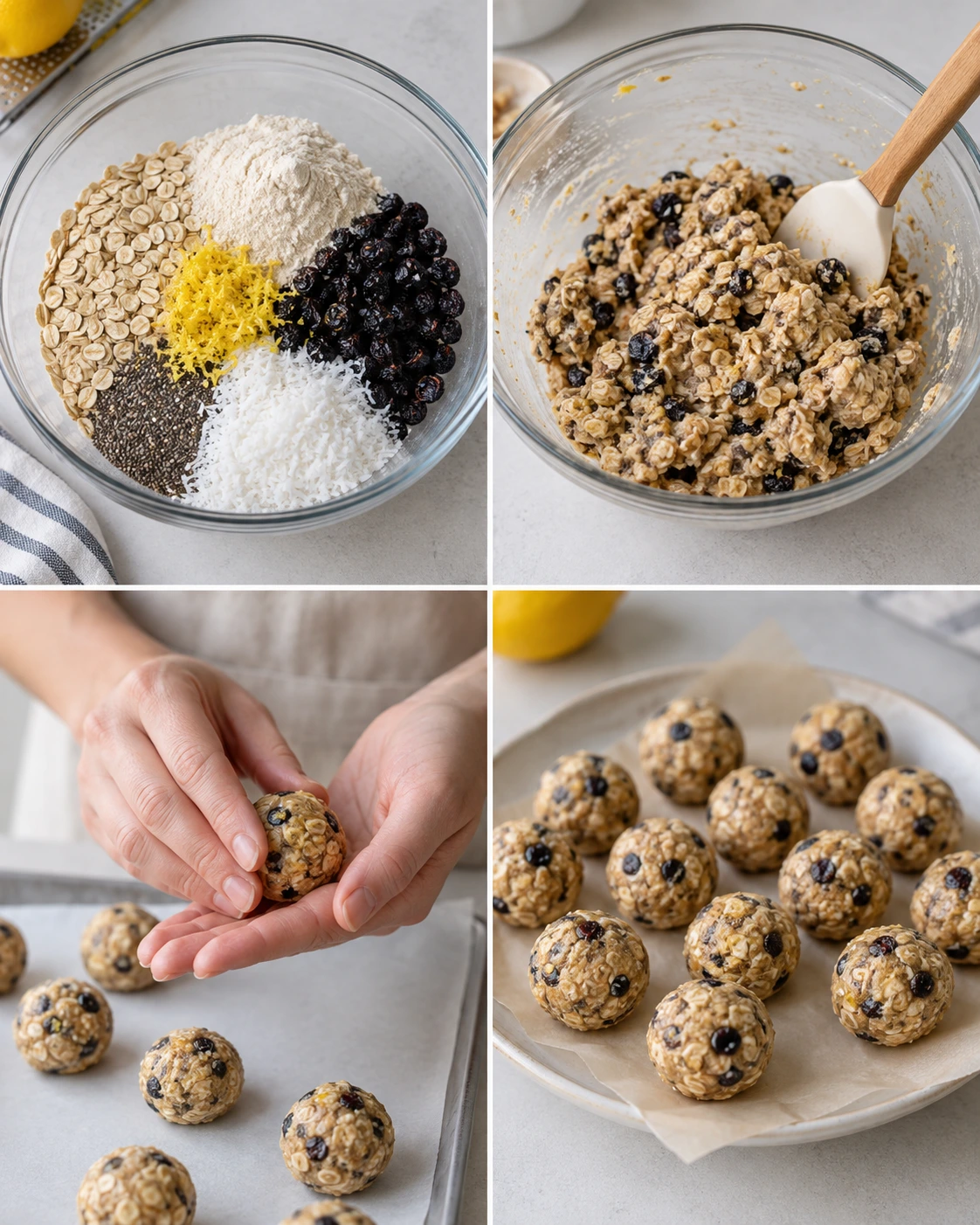 Four chronological preparation stages for No-Bake Lemon Blueberry Protein Bites