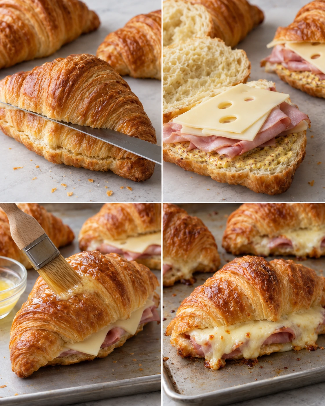 Four chronological preparation stages for Baked Ham and Cheese Croissants