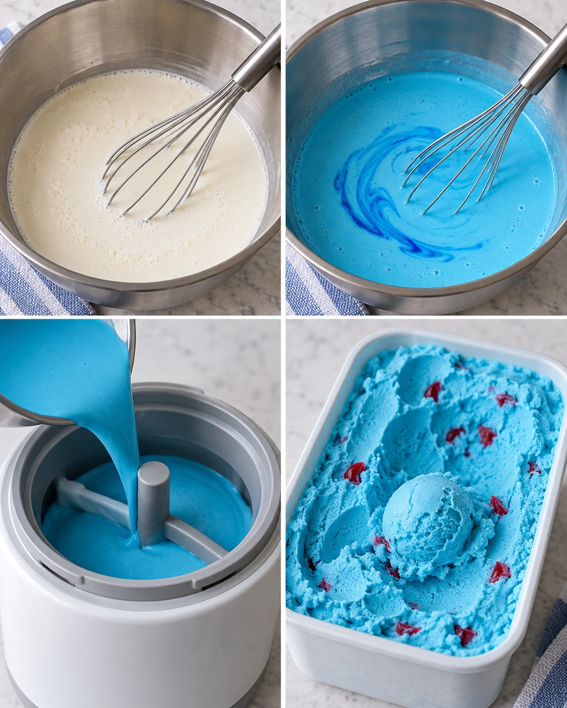 Four chronological preparation stages for Blue Moon Ice Cream