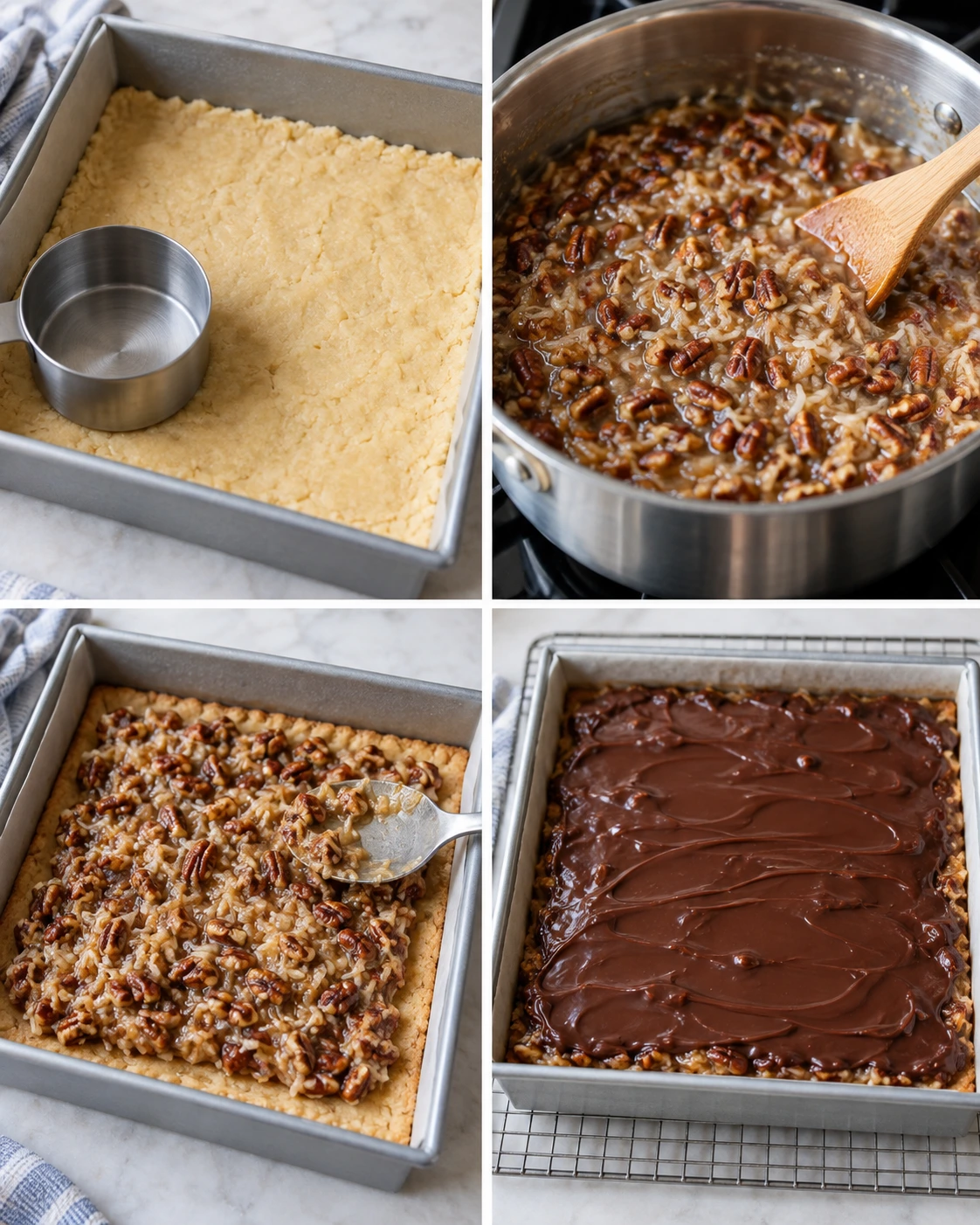 Four chronological preparation stages for German Chocolate Pecan Pie Bars