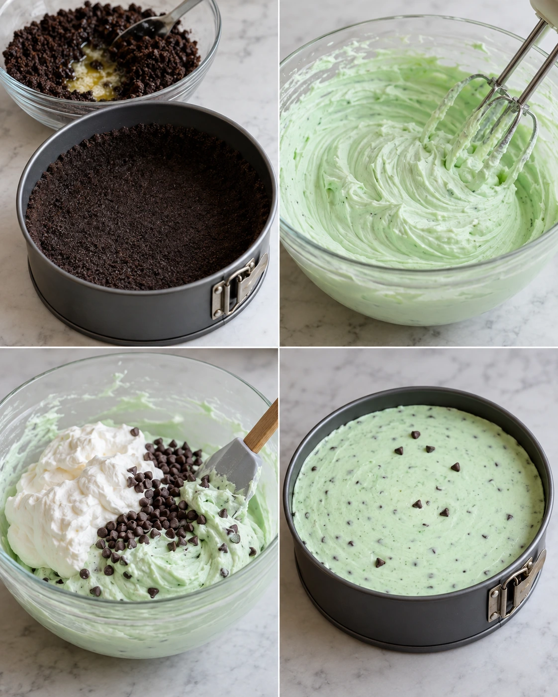 Four chronological preparation stages for No Bake Mint Chocolate Chip Cheesecake