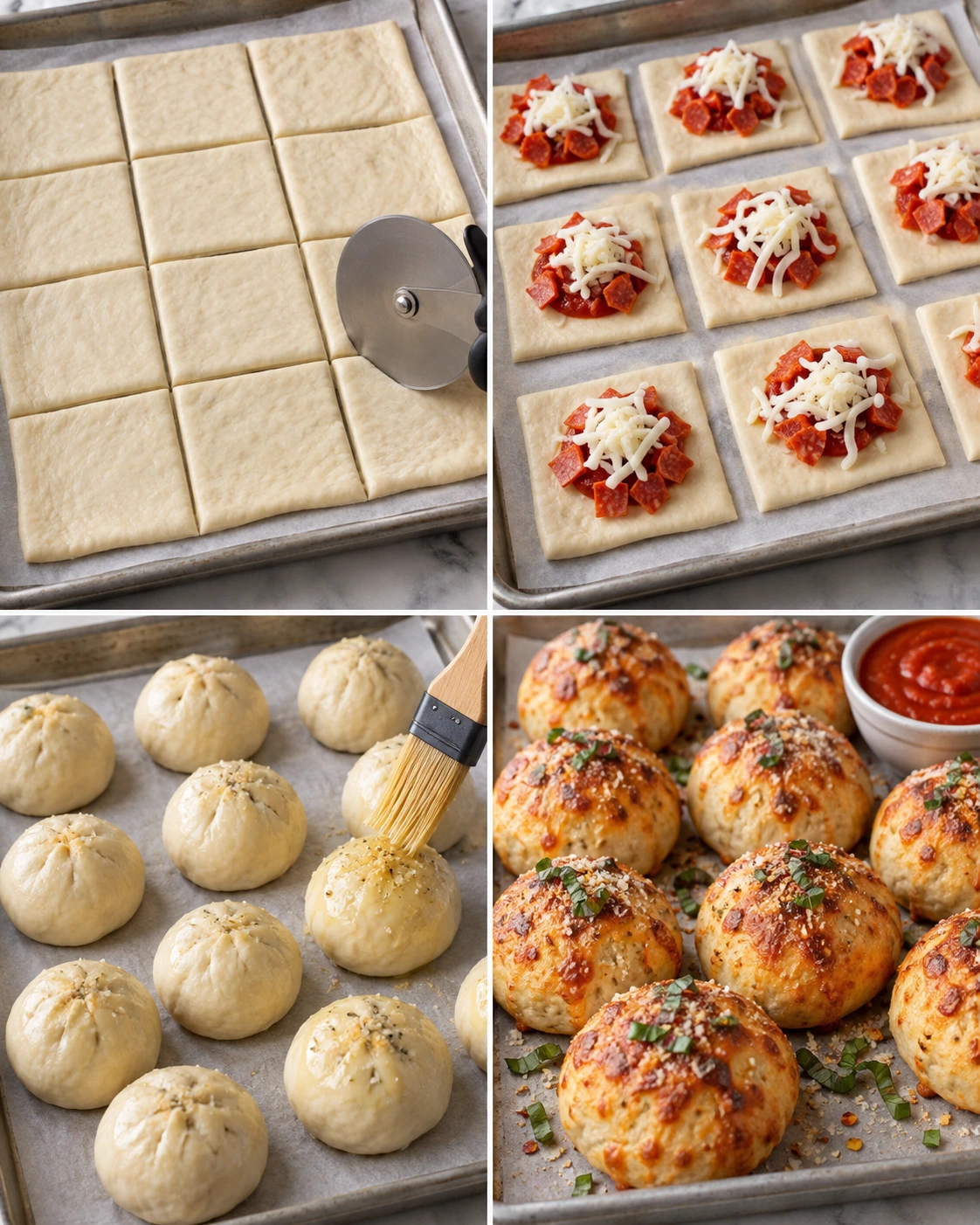 Four chronological preparation stages for Cheesy Pepperoni Pizza Bombs Recipe