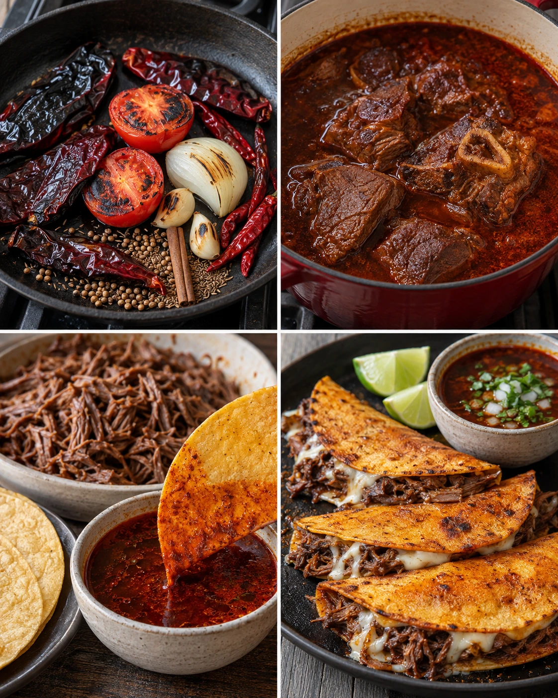 Four chronological preparation stages for Birria Tacos