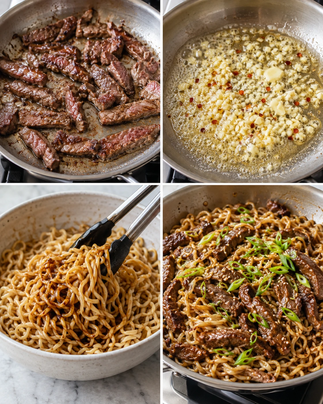 Four chronological preparation stages for Garlic Butter Steak Lightning Noodles