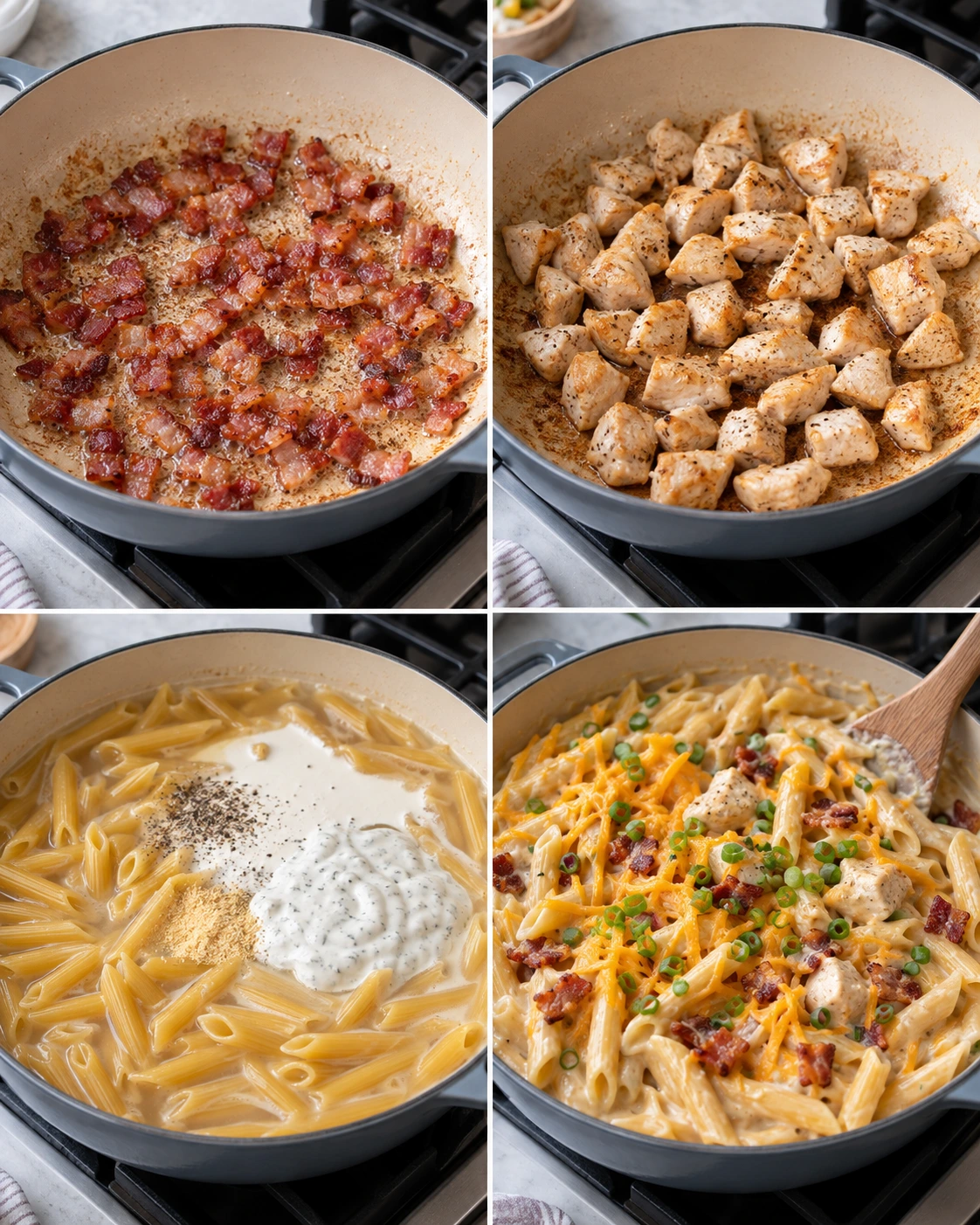 Four chronological preparation stages for One-Pan Creamy Ranch Bacon Chicken Pasta
