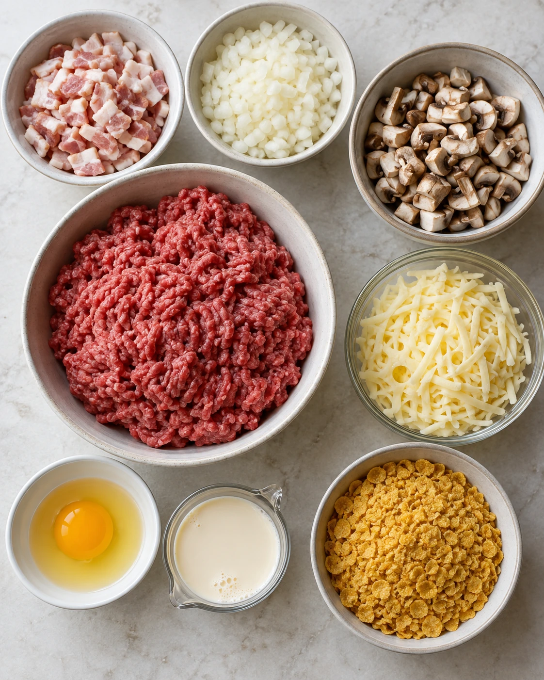 Exact measured ingredients for Bacon Mushroom Swiss Meatloaf