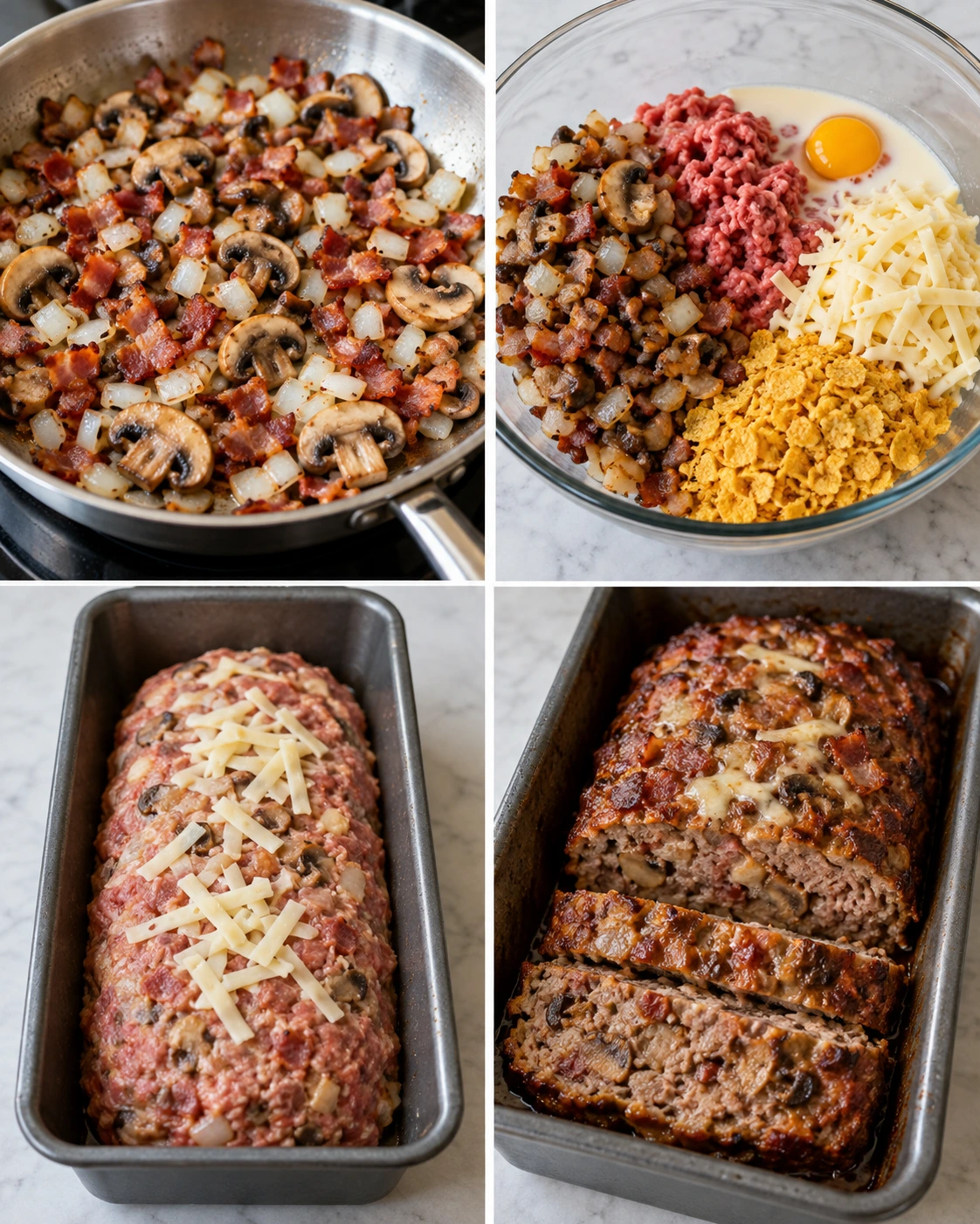 Four chronological preparation stages for Bacon Mushroom Swiss Meatloaf