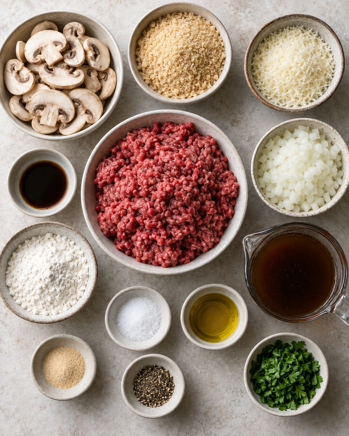 Exact measured ingredients for Bobby Flay’s Salisbury Steak Recipe with Mushroom Gravy