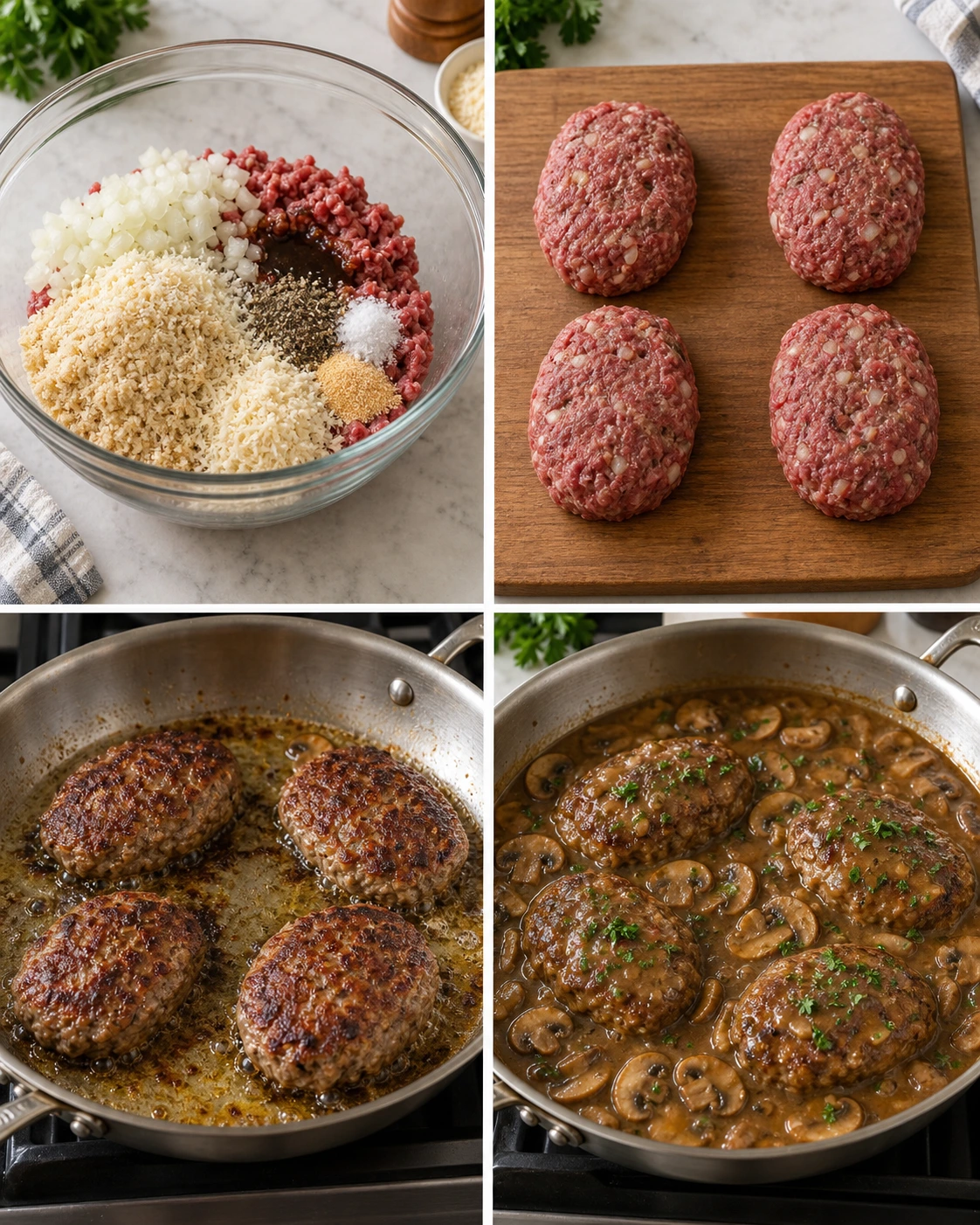 Four chronological preparation stages for Bobby Flay’s Salisbury Steak Recipe with Mushroom Gravy