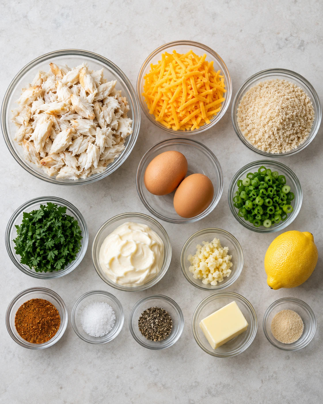 Exact measured ingredients for Cheddar Bay Crab Cakes with Lemon Butter Drizzle