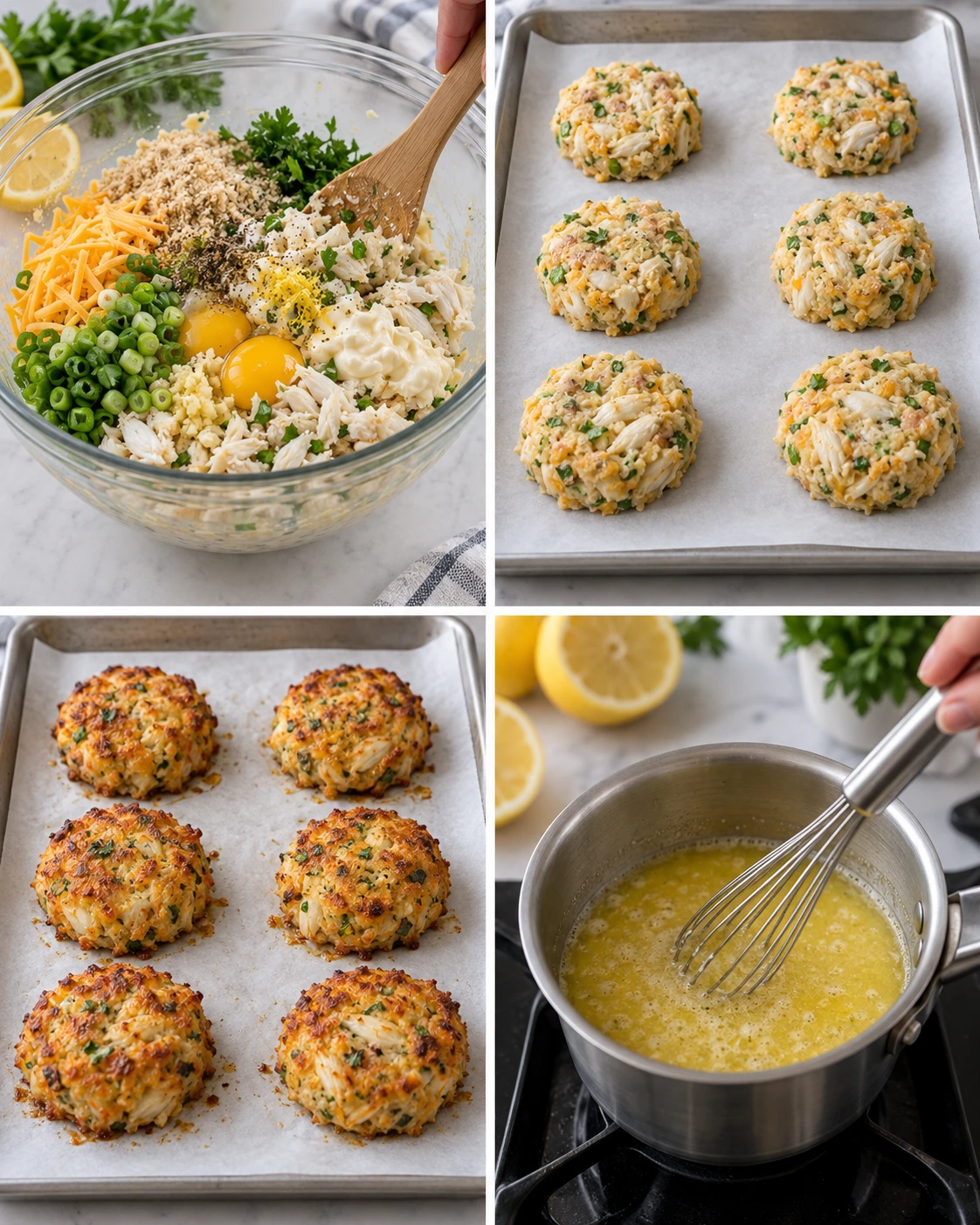 Four chronological preparation stages for Cheddar Bay Crab Cakes with Lemon Butter Drizzle