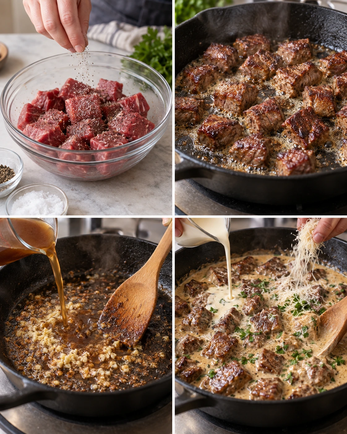Four chronological preparation stages for Garlic Butter Steak Bites