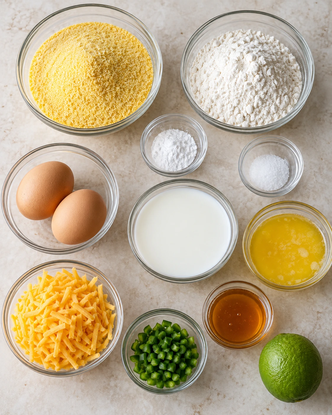 Exact measured ingredients for Jalapeño Cornbread with Lime Honey Glaze