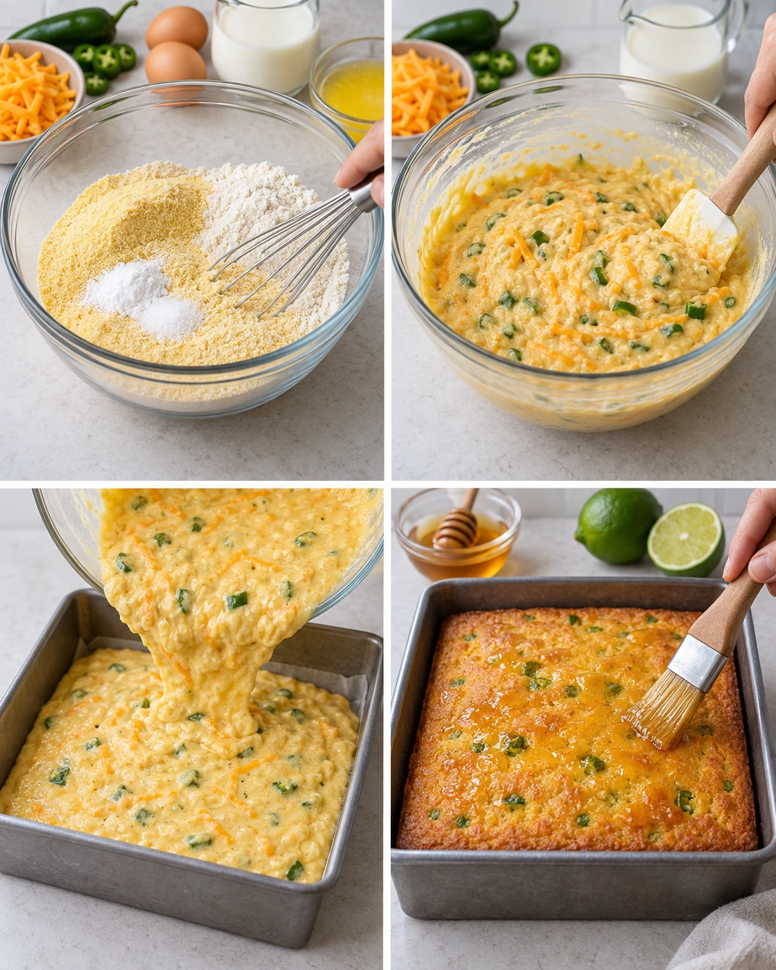 Four chronological preparation stages for Jalapeño Cornbread with Lime Honey Glaze