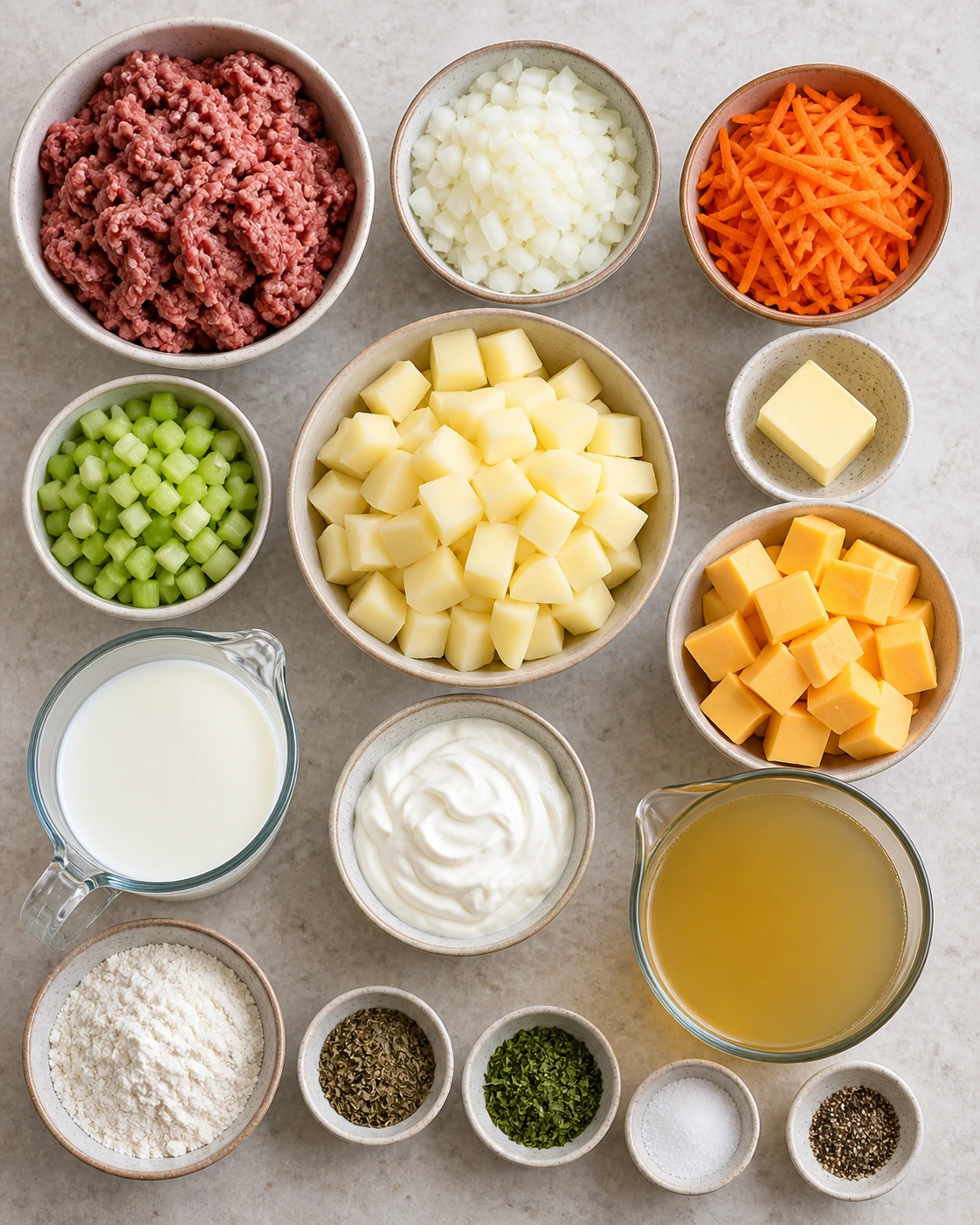 Exact measured ingredients for Cheesy Hamburger Potato Soup