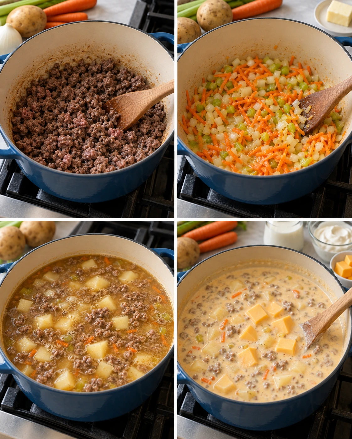 Four chronological preparation stages for Cheesy Hamburger Potato Soup
