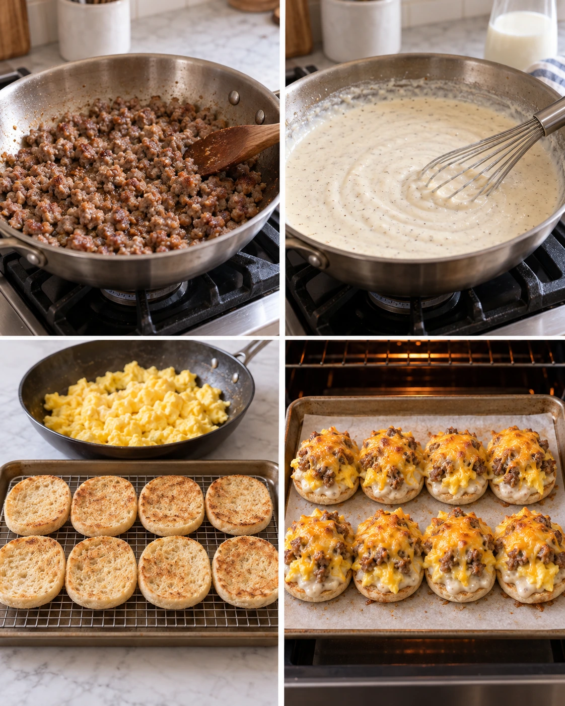 Four chronological preparation stages for English Muffin Breakfast Pizza