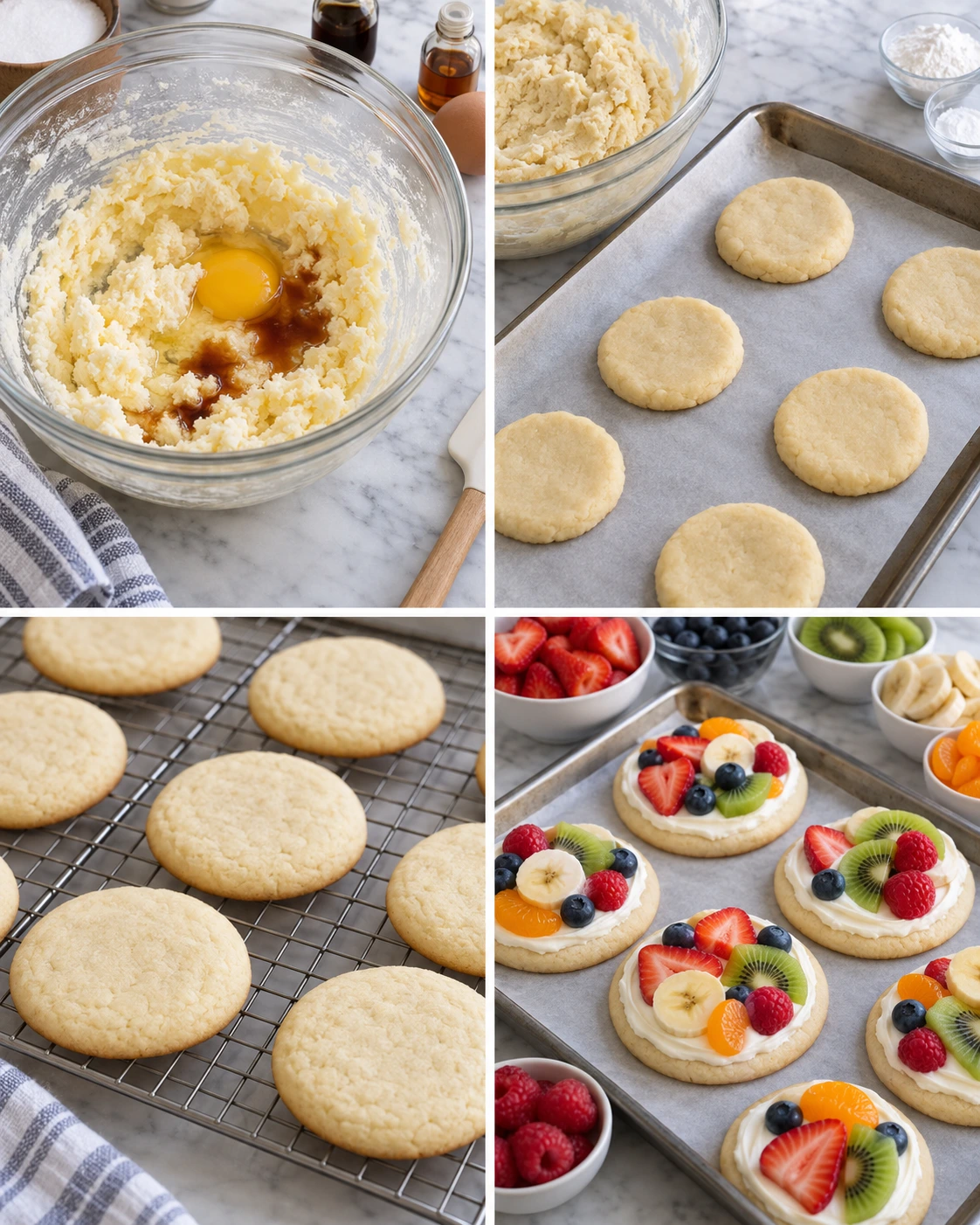 Four chronological preparation stages for Fruit Pizza Cookies