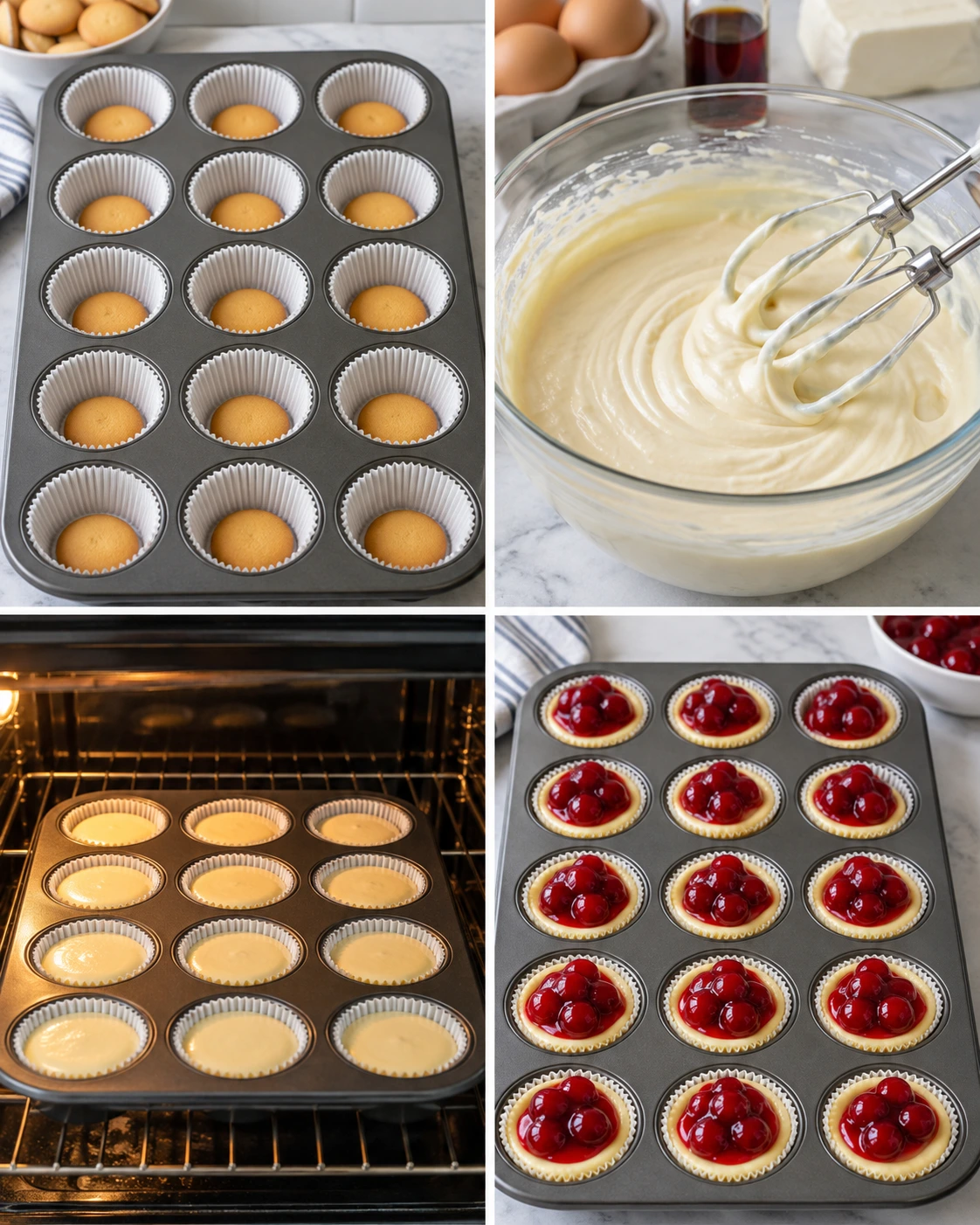 Four chronological preparation stages for Super Easy Mini Cheesecakes with Vanilla Wafer Crust
