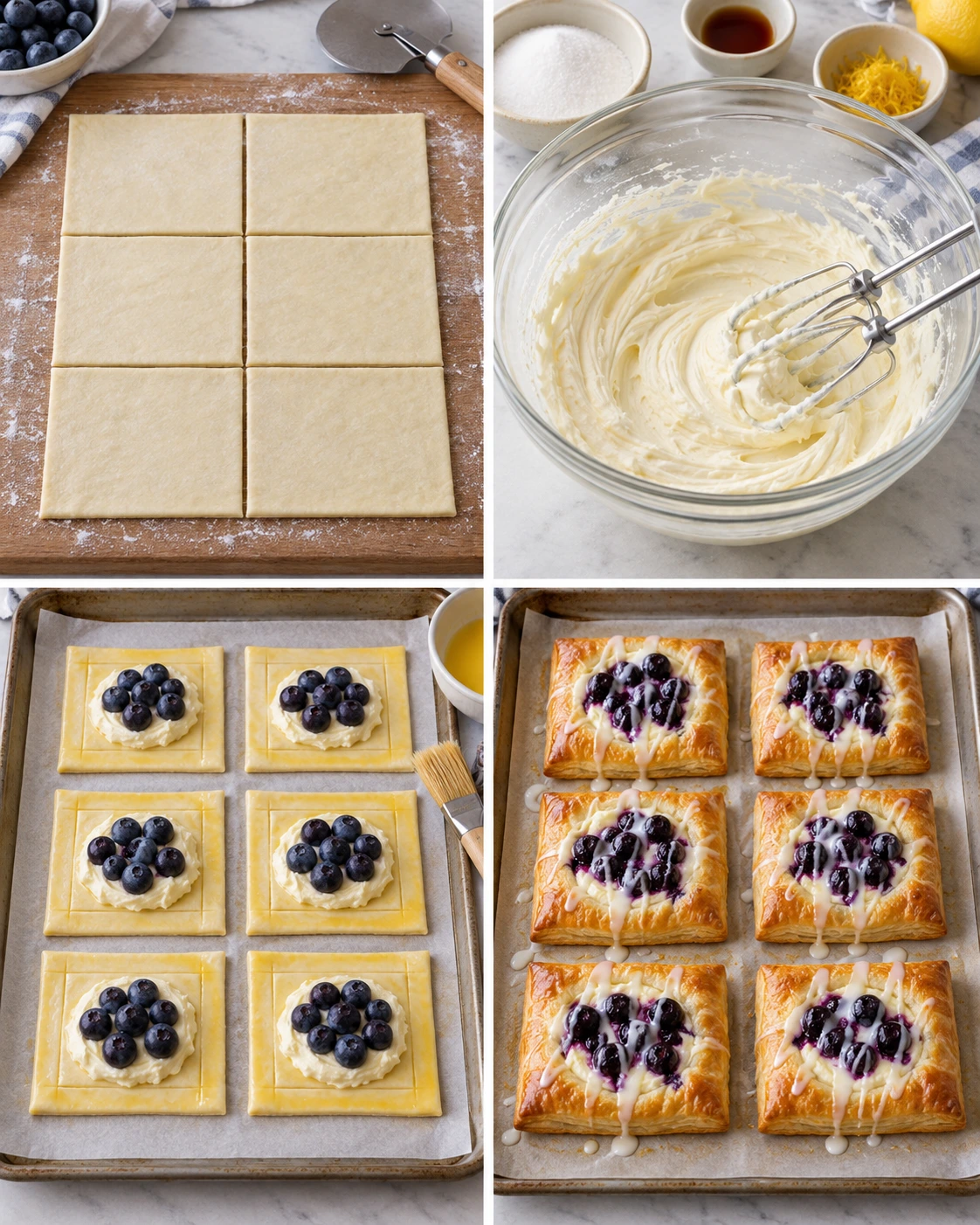 Four chronological preparation stages for Blueberry Cream Cheese Puff Pastry