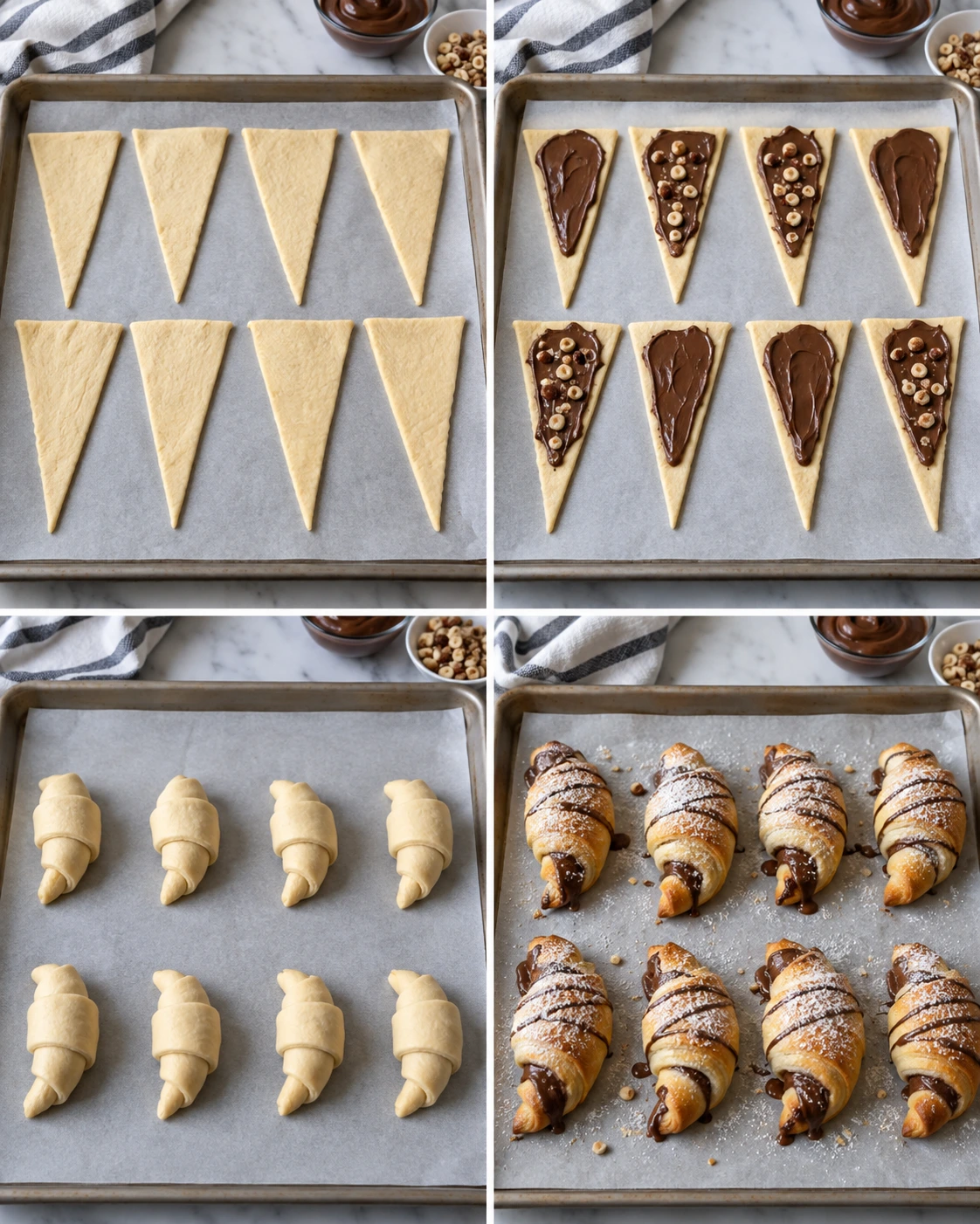 Four chronological preparation stages for Nutella Crescent Rolls