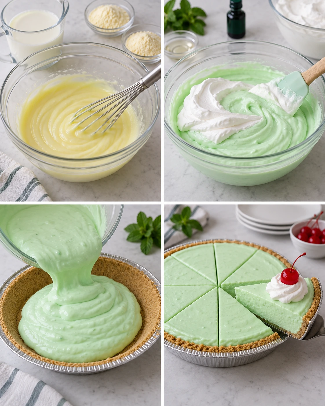 Four chronological preparation stages for Shamrock Shake Pie