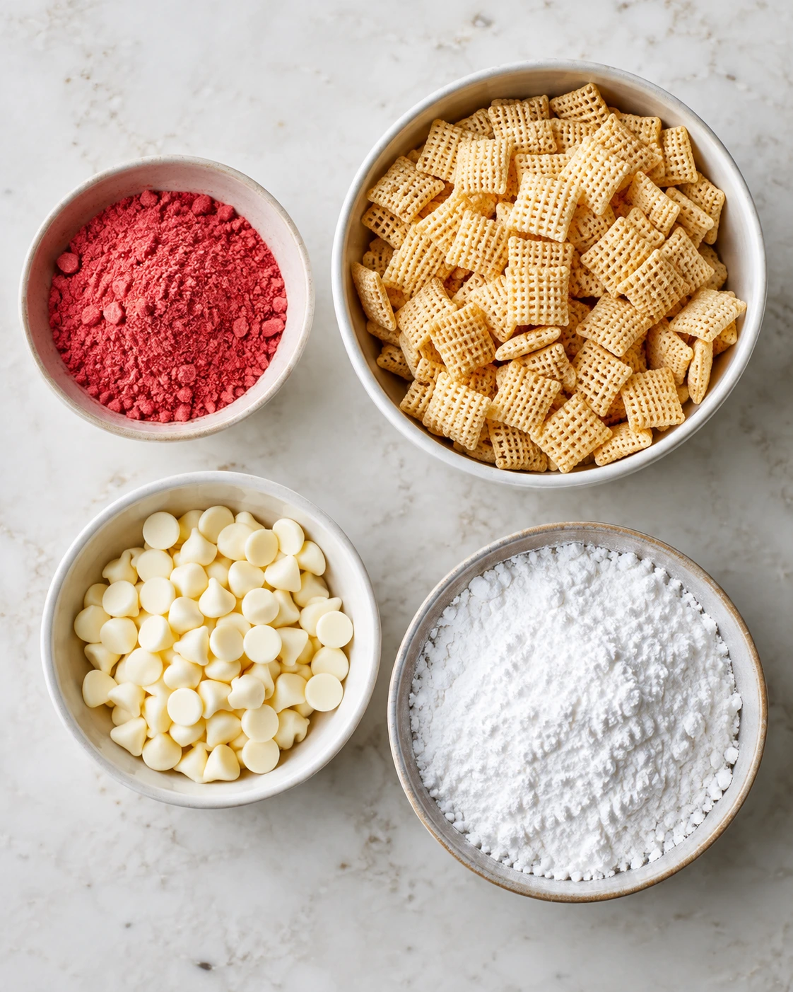 Exact measured ingredients for Easy Strawberry Shortcake Puppy Chow