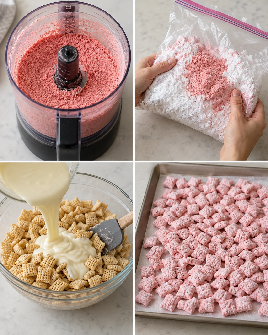 Four chronological preparation stages for Easy Strawberry Shortcake Puppy Chow