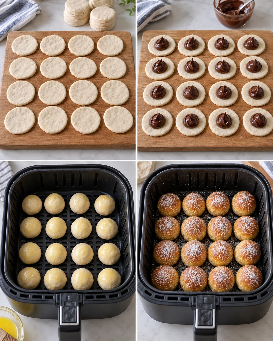 Four chronological preparation stages for Air Fryer Nutella Bombs
