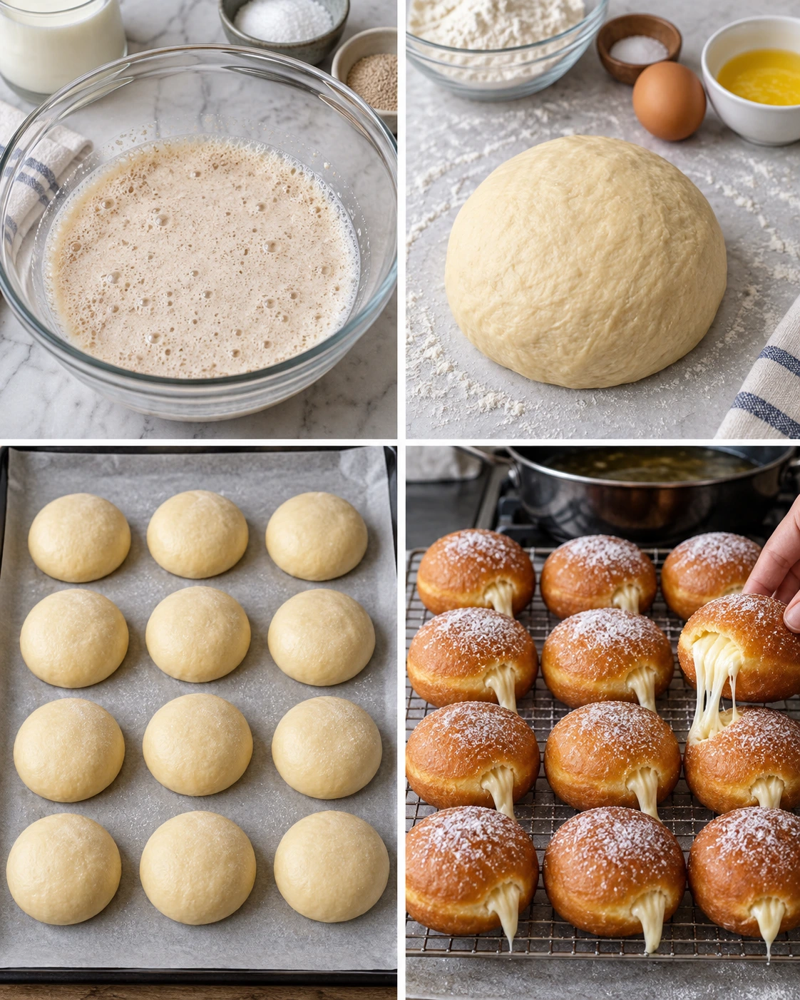 Four chronological preparation stages for Milky Cheese Donuts