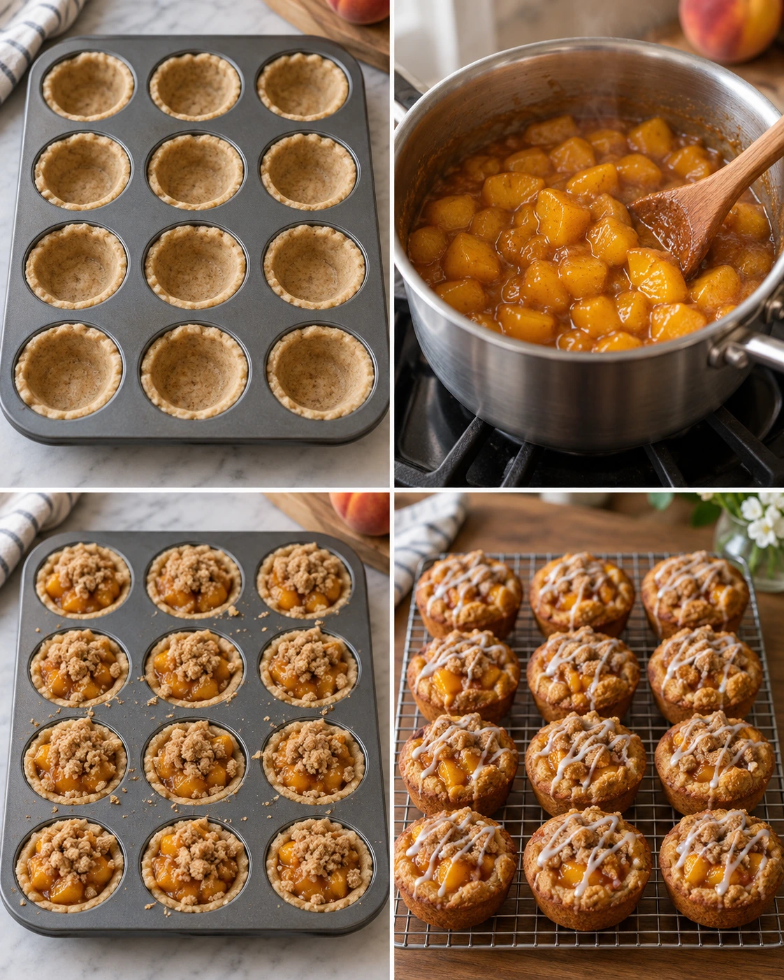 Four chronological preparation stages for Peach Cobbler Cookie Cups